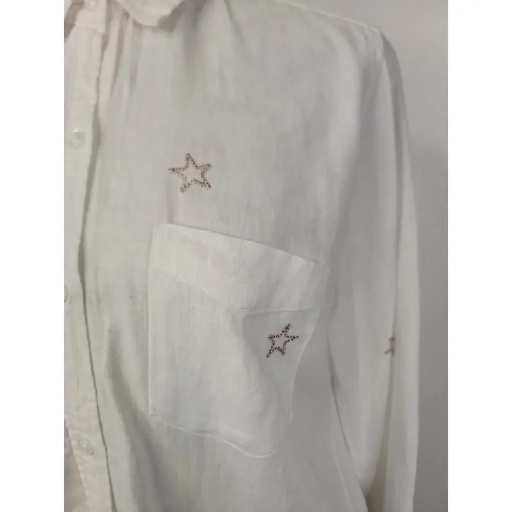 Rails Shirt Womens XS White Charli Metallic Stars Linen coastal summer Celestial